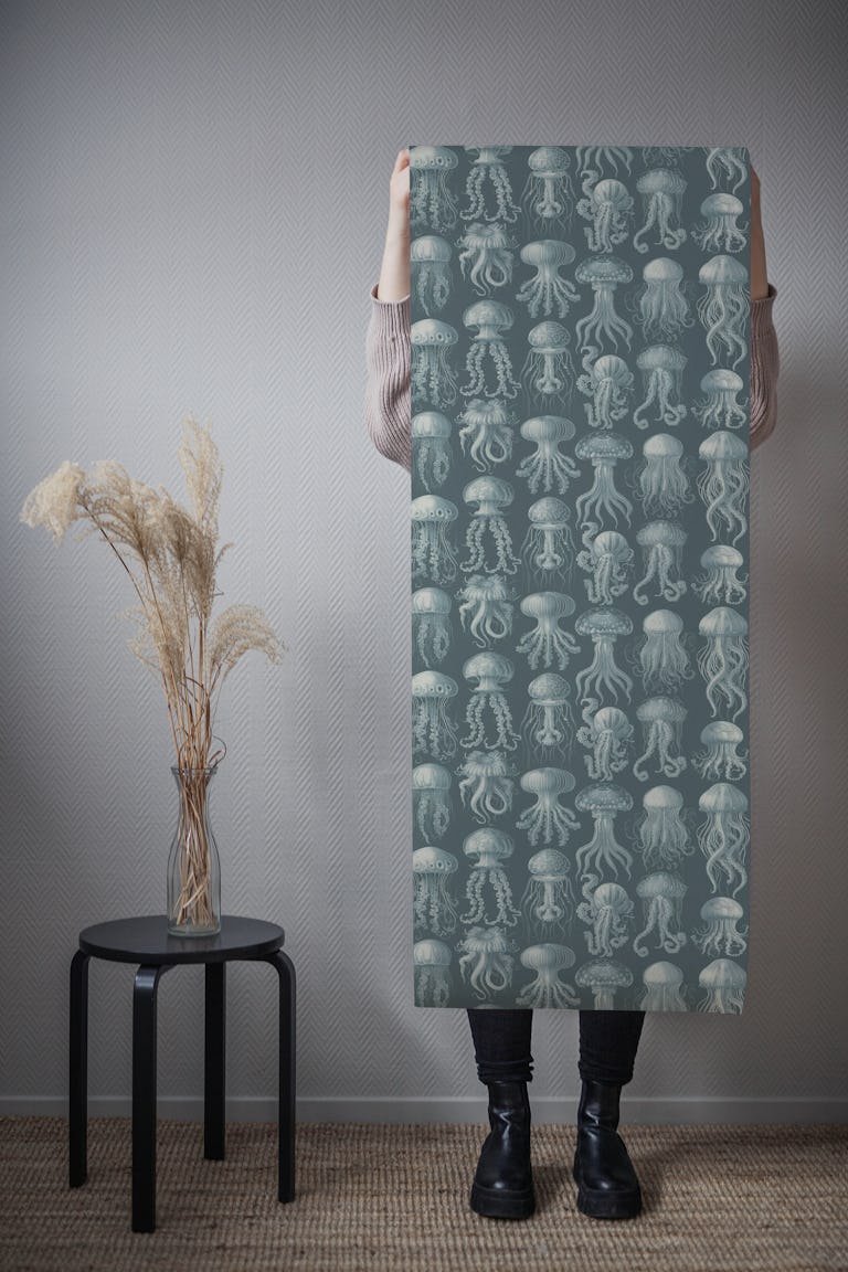Elaborate Jellyfish - Teal and Cream wallpaper roll