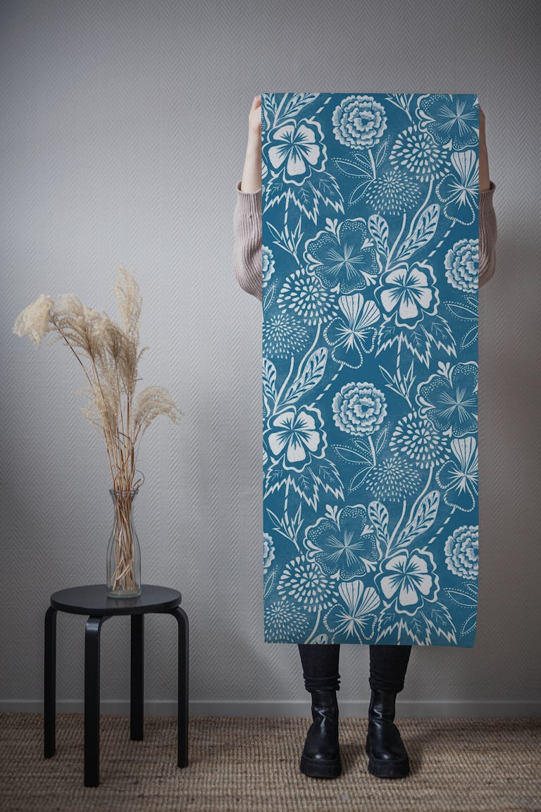 Shibori florals on blue wallpaper roll