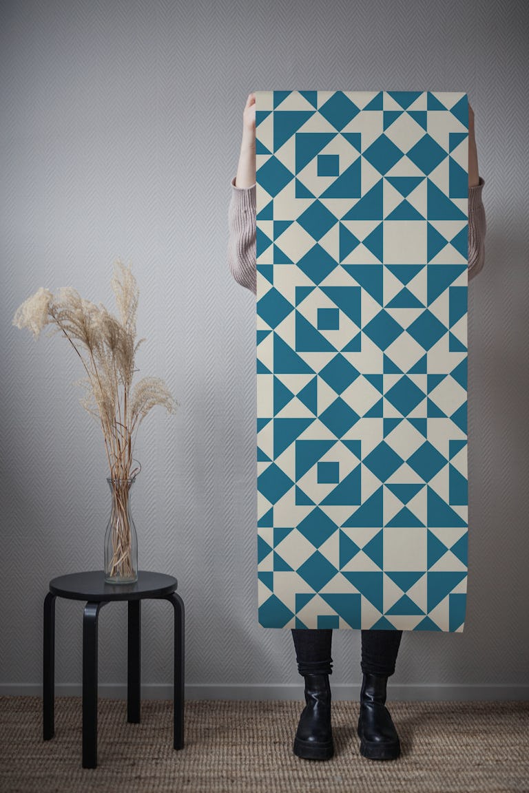 Victorian tiles patchwork - teal and oatmeal wallpaper roll