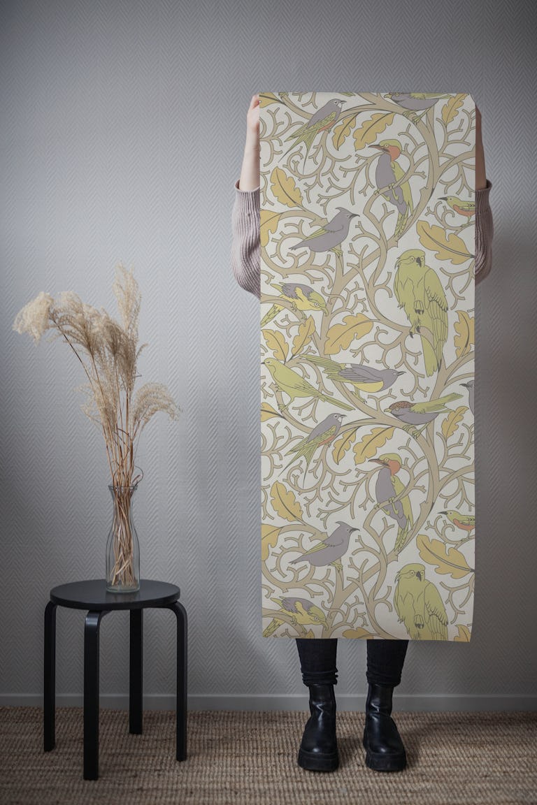 Birds perched on stylized branches - white wallpaper roll