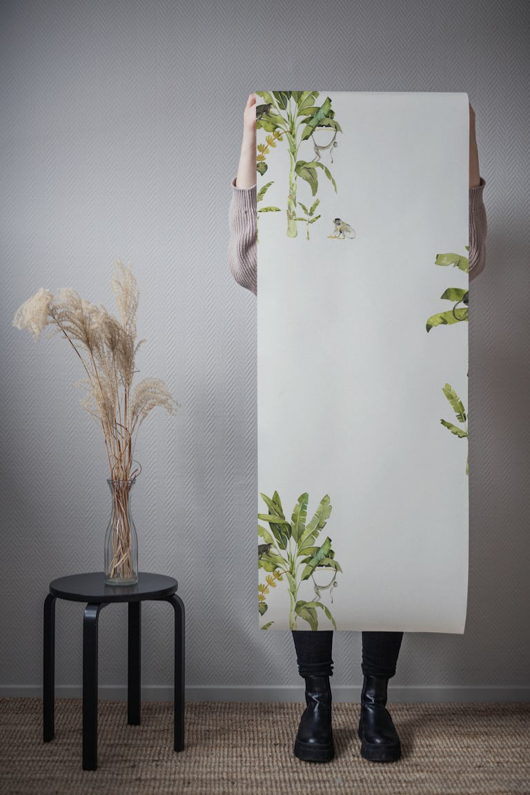 Tropical Jungle Monkeys on Light Gray wallpaper roll
