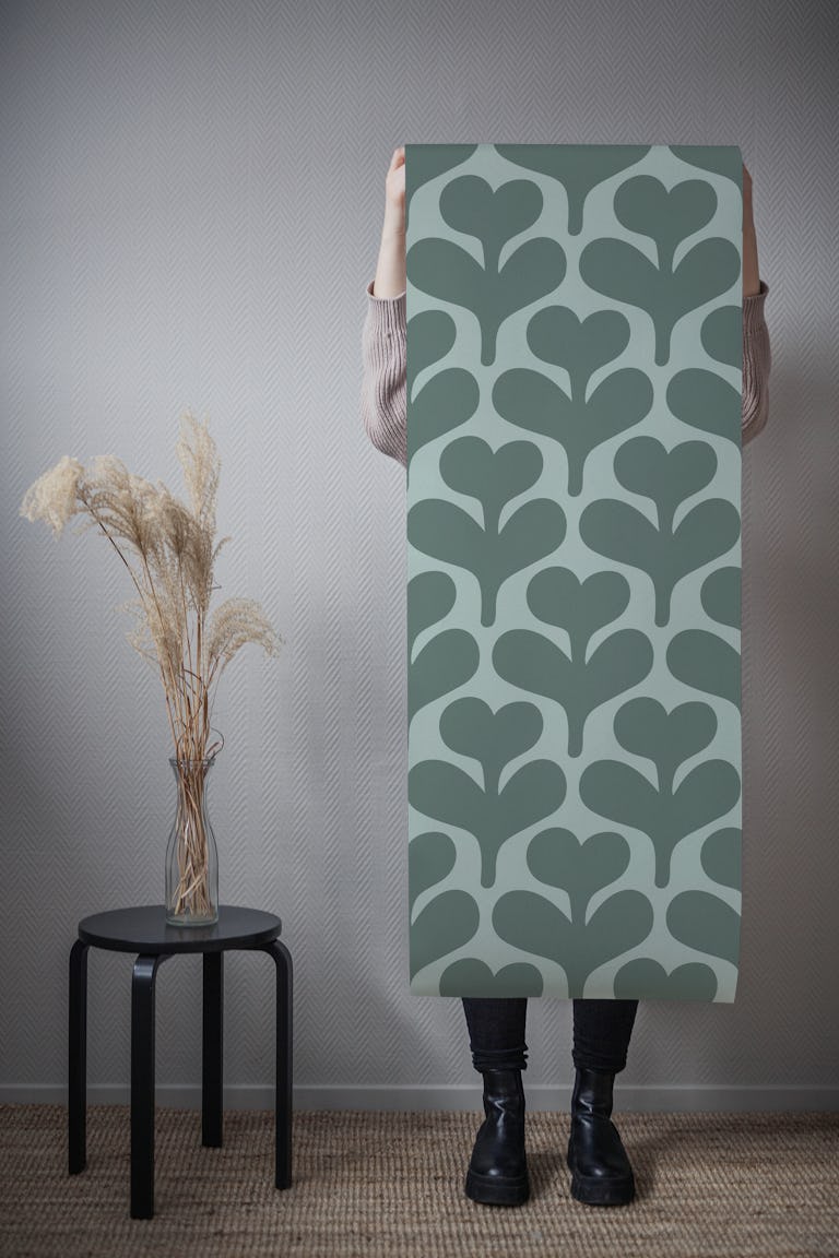 Modern Retro Sage Green Heart Shaped Flowers wallpaper roll