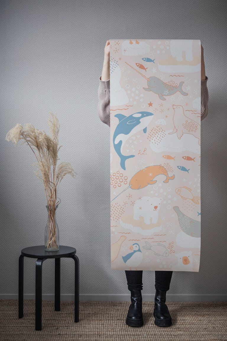 Arctic Animals - salmon and mushroom large wallpaper roll