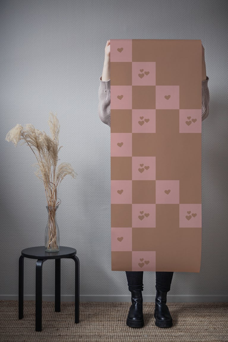 Abstract grid hearts - mocha mousse wallpaper roll