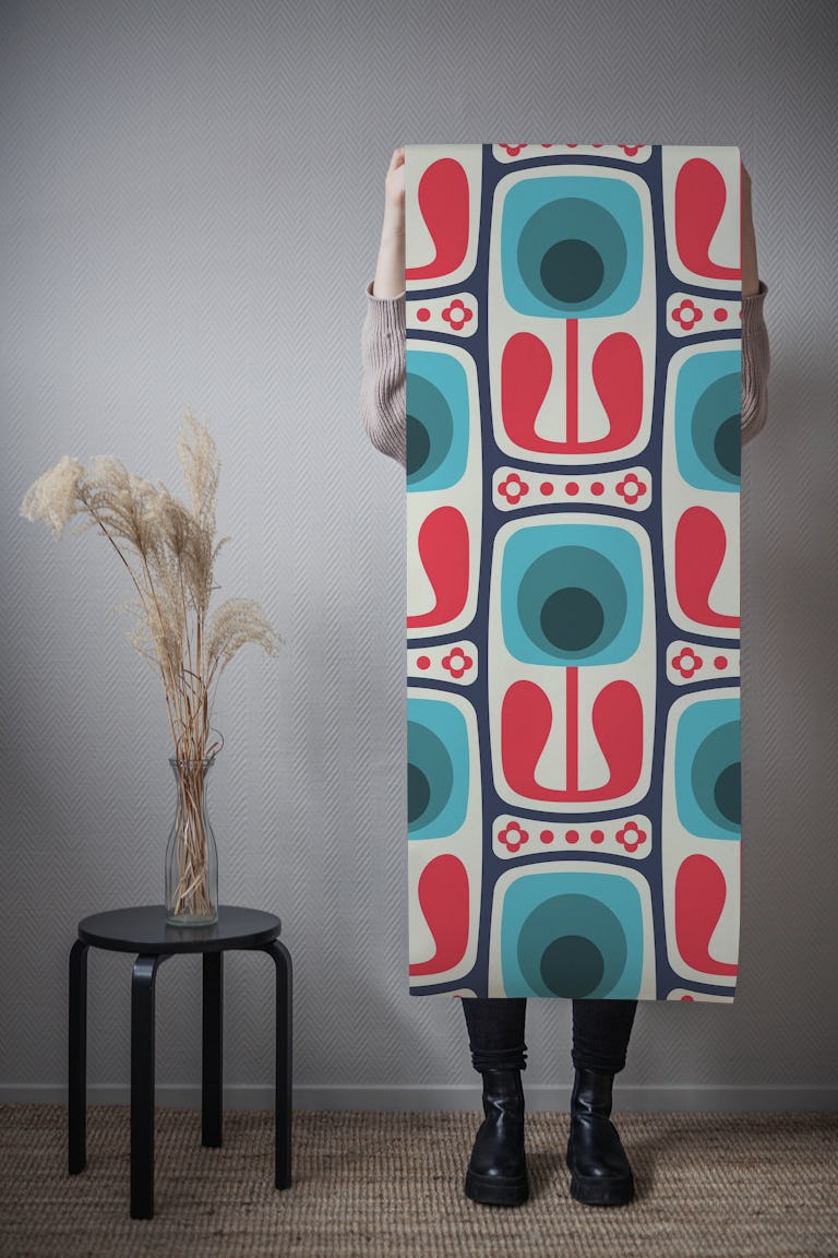 Nostalgic Retro Blooms Blue Red - L wallpaper roll
