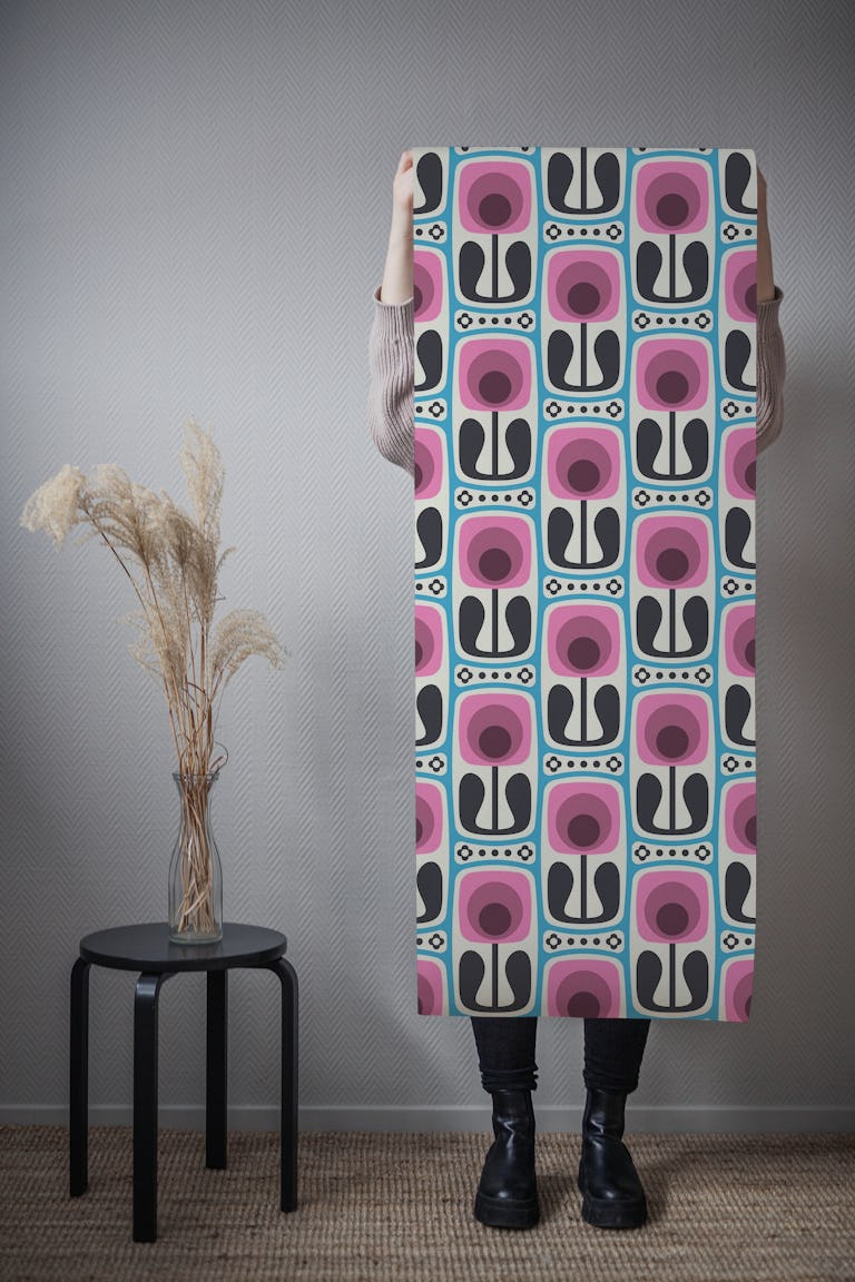 Nostalgic Retro Blooms Pink Blue - S wallpaper roll