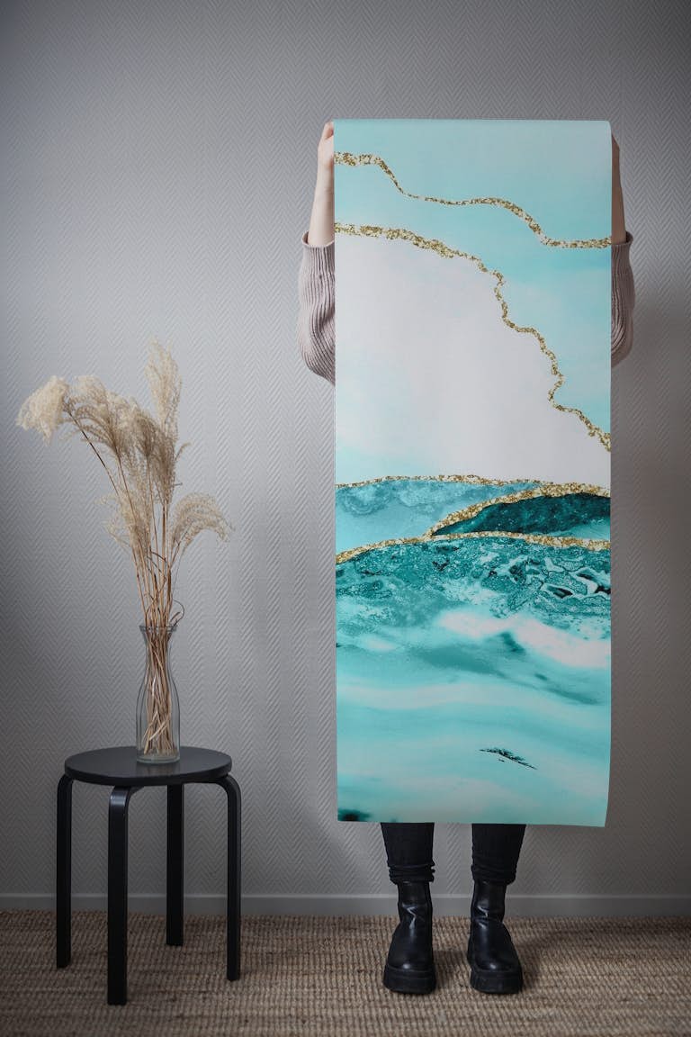 Teal And Silver Marble behang roll