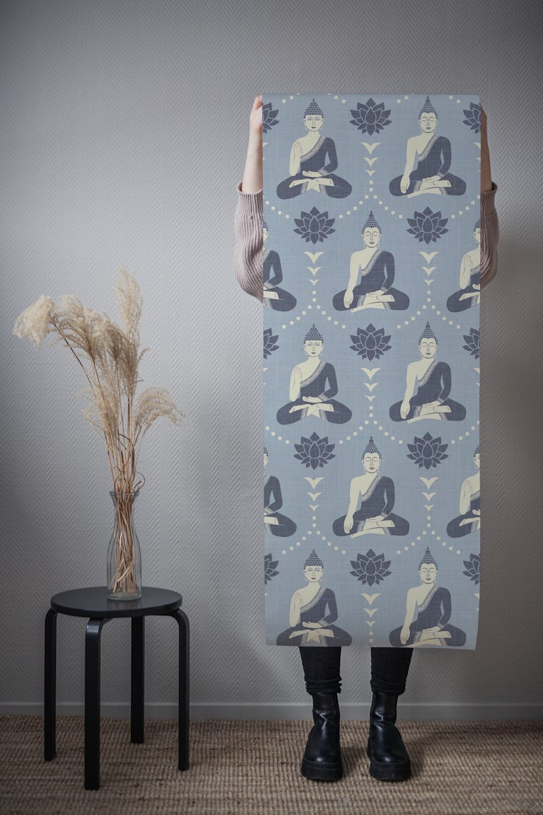 Meditating buddha and lotus blue wallpaper roll