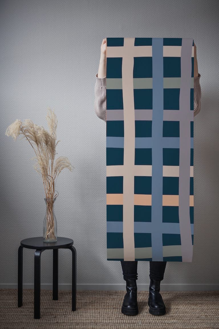 Wonky Check Mixed Colour Navy behang roll