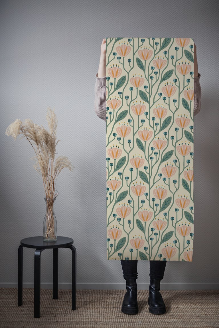 Cozy Bold Flowers Cream Pink Green wallpaper roll