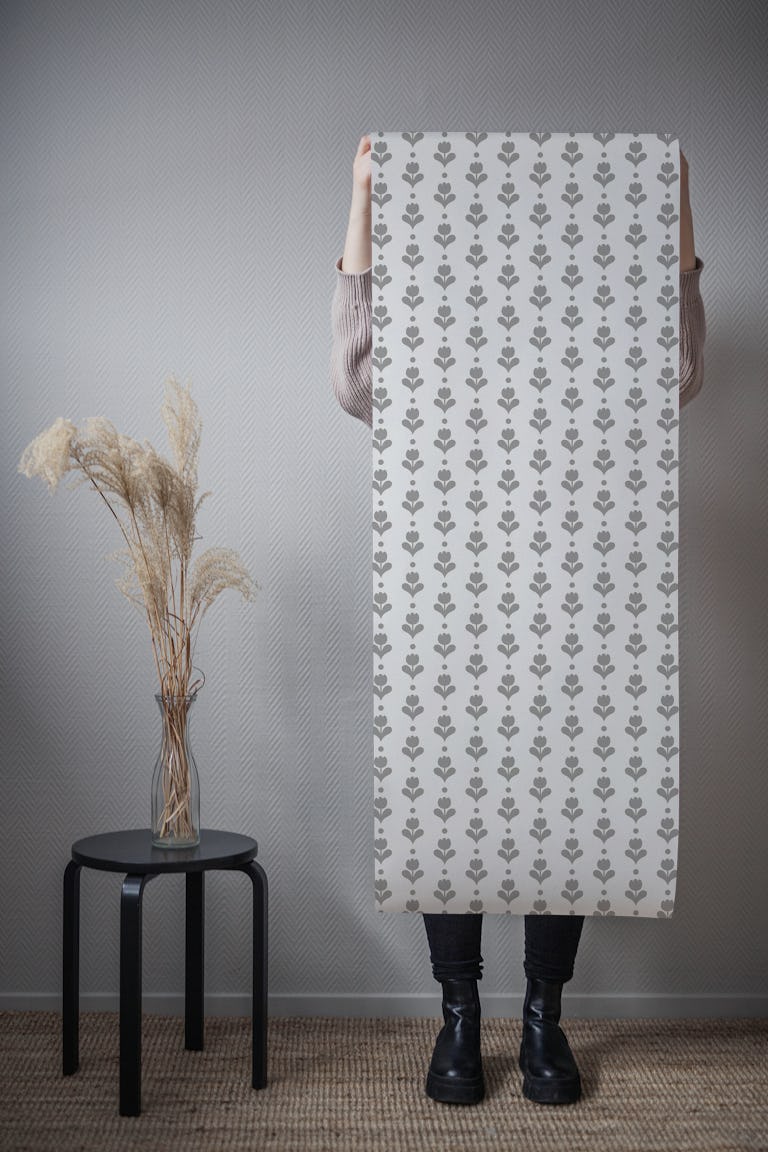 Tulip flowers garland / stripes / ditsy, grey wallpaper roll
