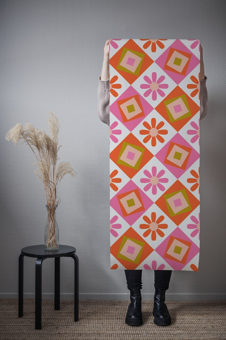 70s Bold geometrics in pink and orange wallpaper roll