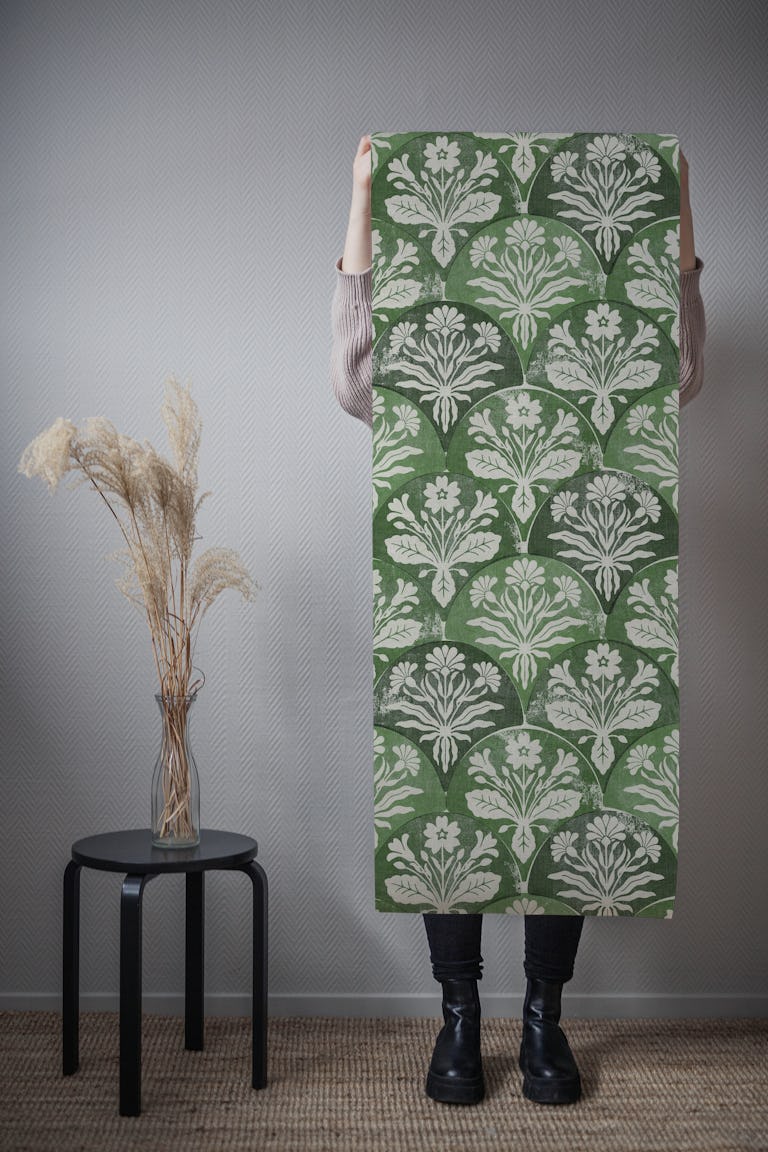 Art Deco Block Print Floral - Moss Green wallpaper roll
