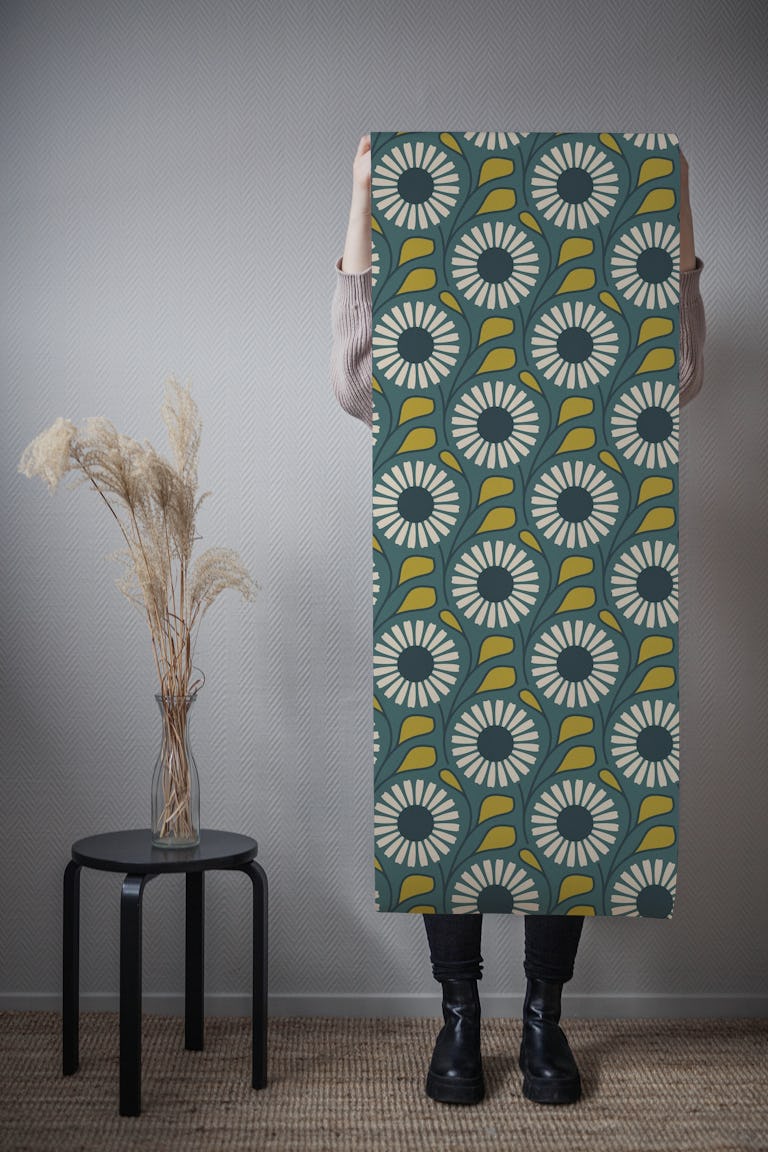Retro Daisy Dream in Green Yellow - S wallpaper roll