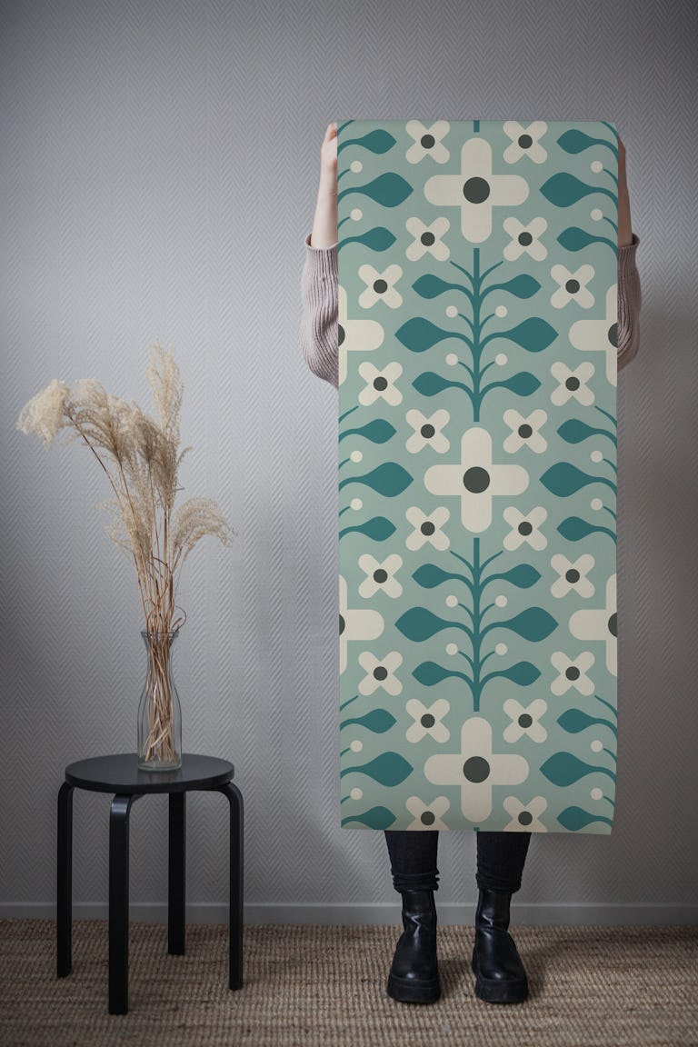 Geometric Flower Harmony in Teal - L wallpaper roll