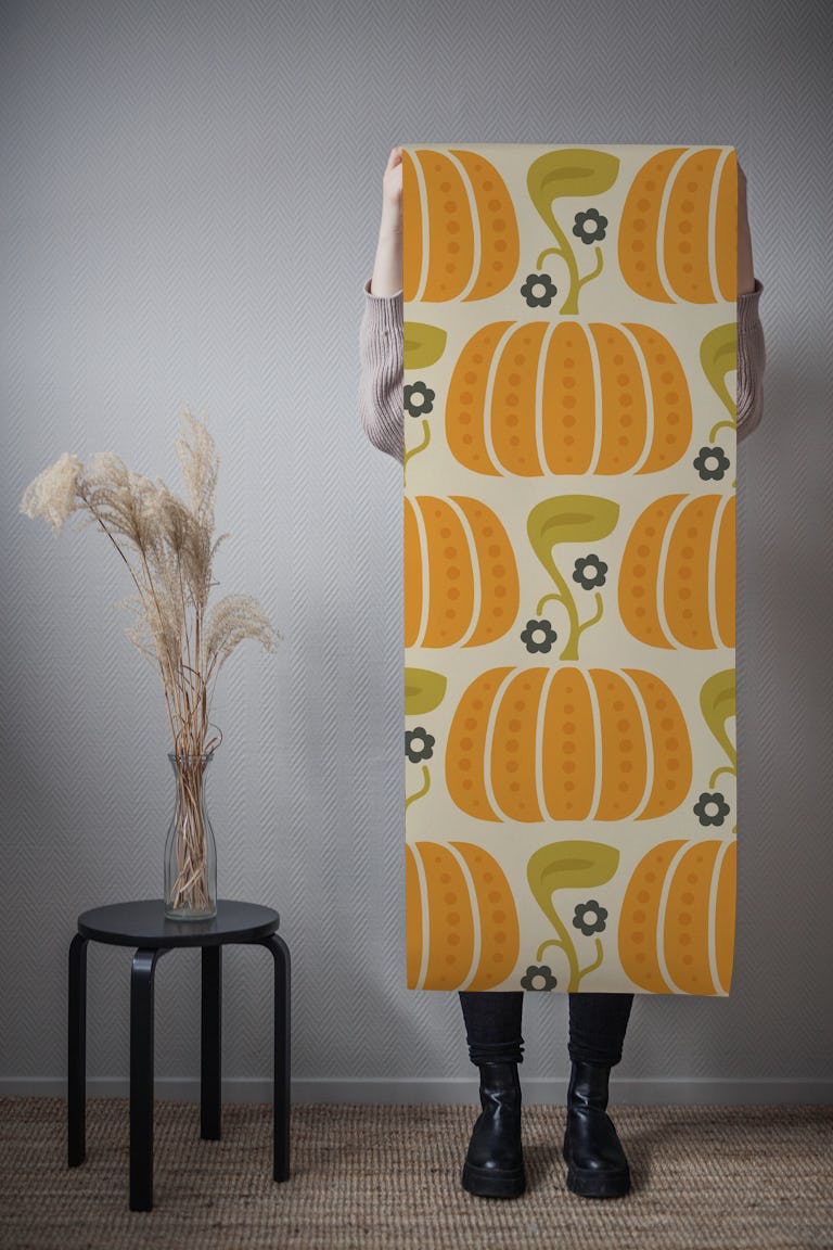Cozy Pumpkin Charm in Orange Cream - L wallpaper roll