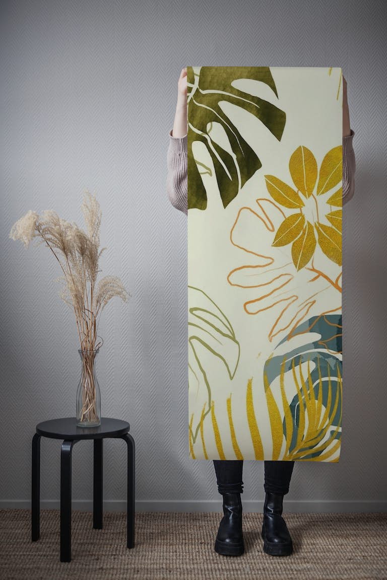 Monstera leaves with gold wallpaper roll