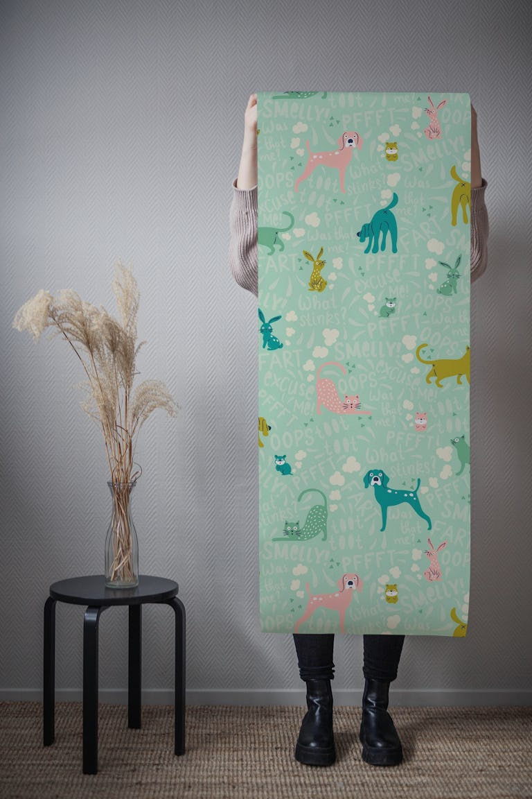 Farting Pets Conversational Guest Toilet Mint wallpaper roll