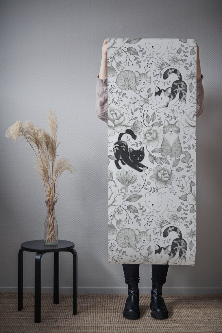 Cottage Cat Coquette in Black and White wallpaper roll