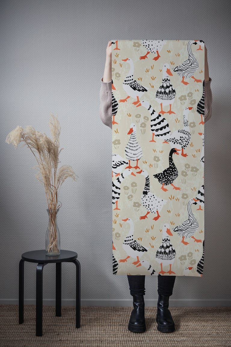 geese black and white patterned farm animals wallpaper roll