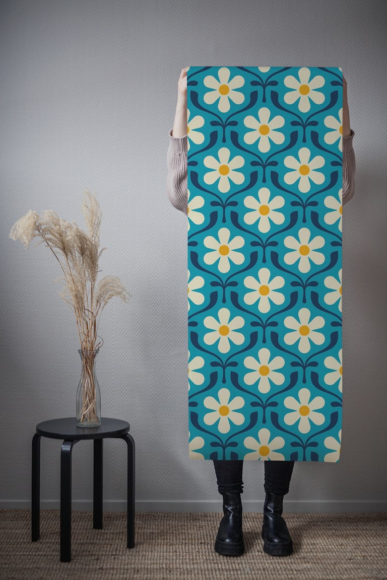 Retro Daisy Blooms in Blue - S wallpaper roll