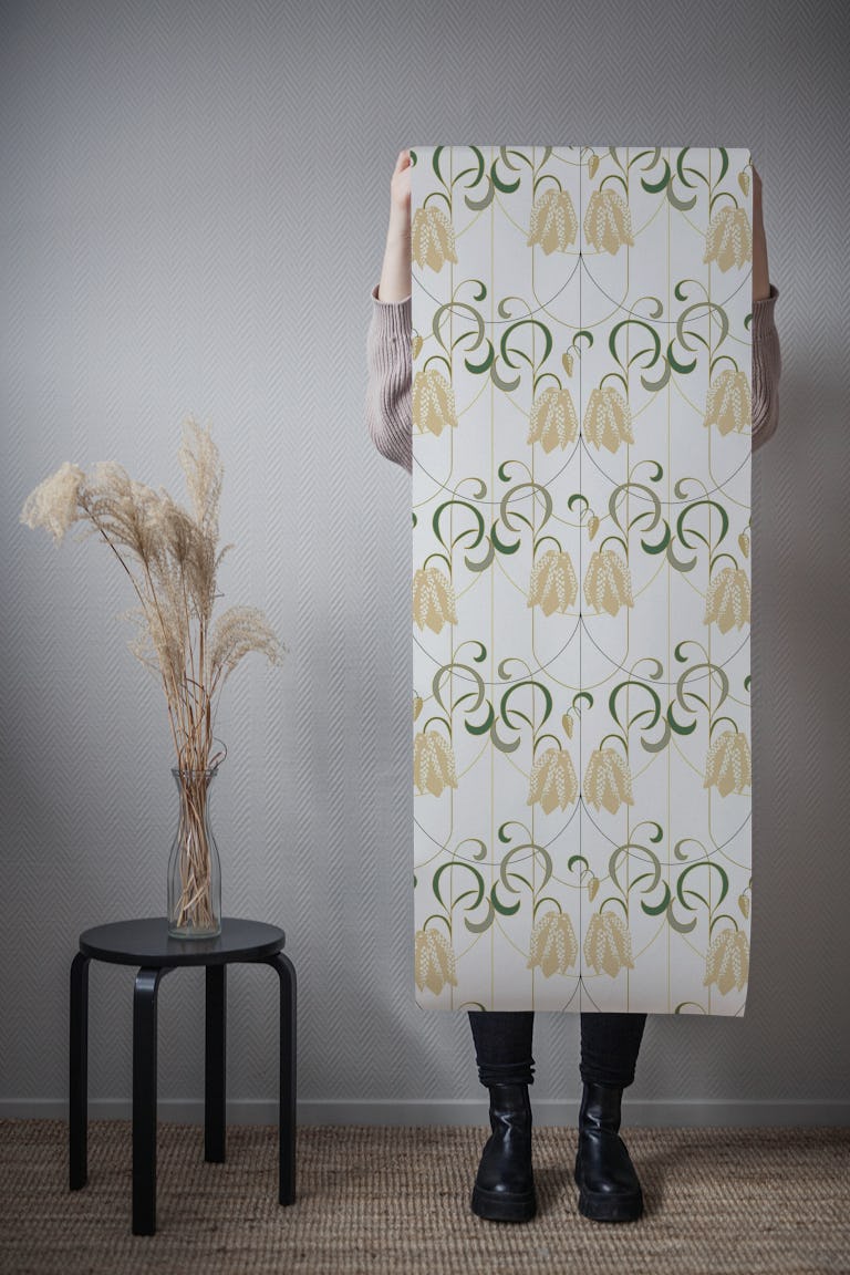 Art deco Checkered lily ivory sage wallpaper roll