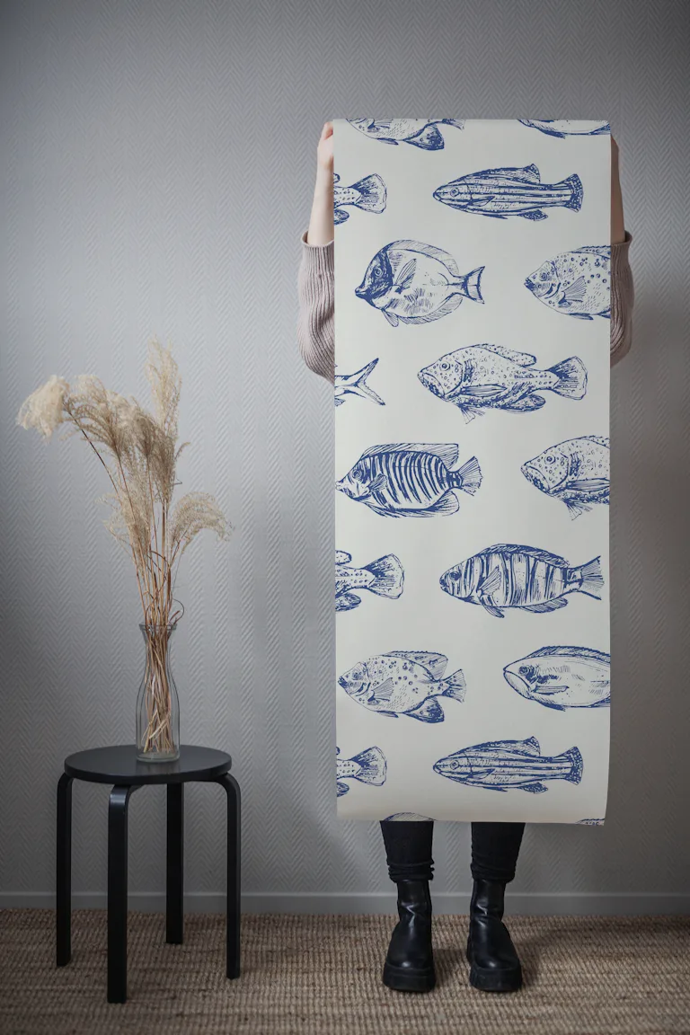 Navy Blue Fish Pattern Wallpaper