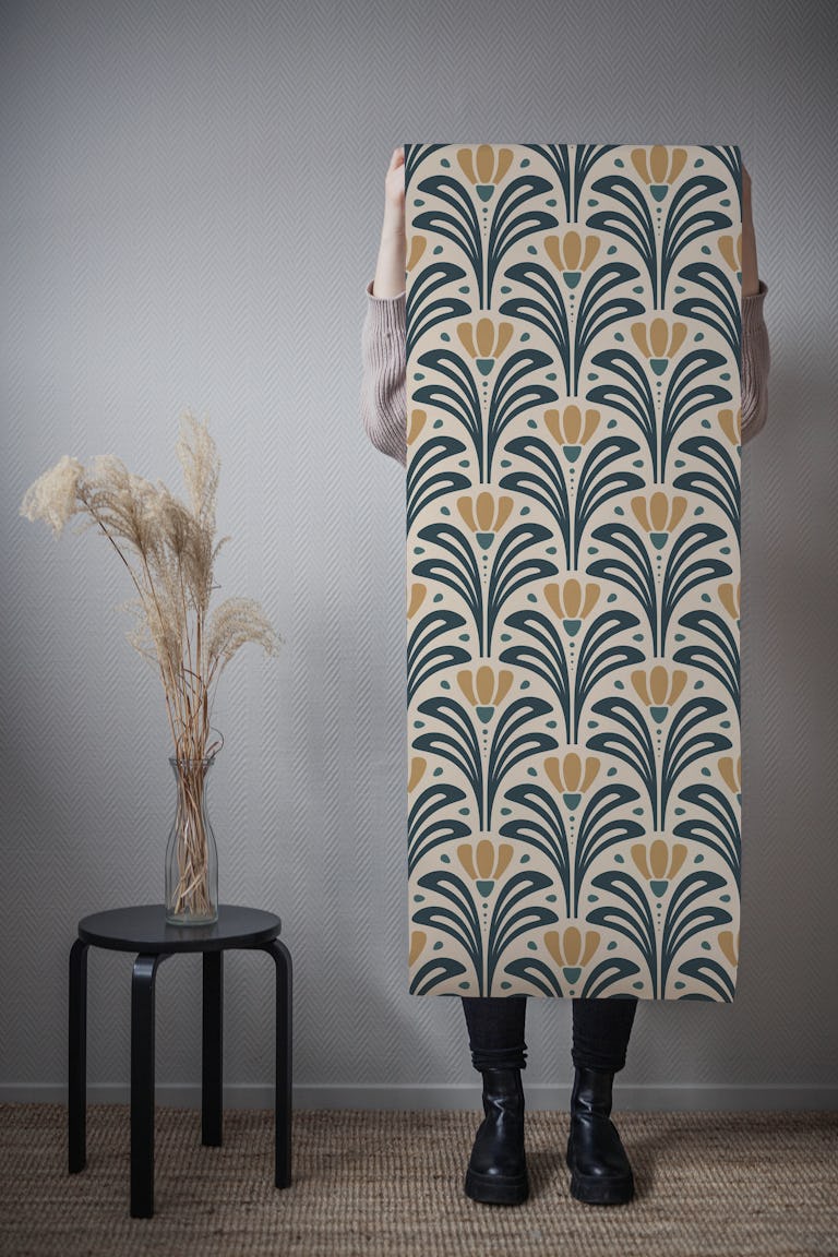 Mid-Century Blossoms in Green Brown - S wallpaper roll