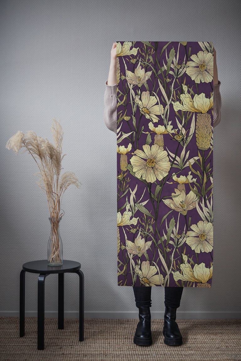 Hand drawn vintage garden midnight purple wallpaper roll