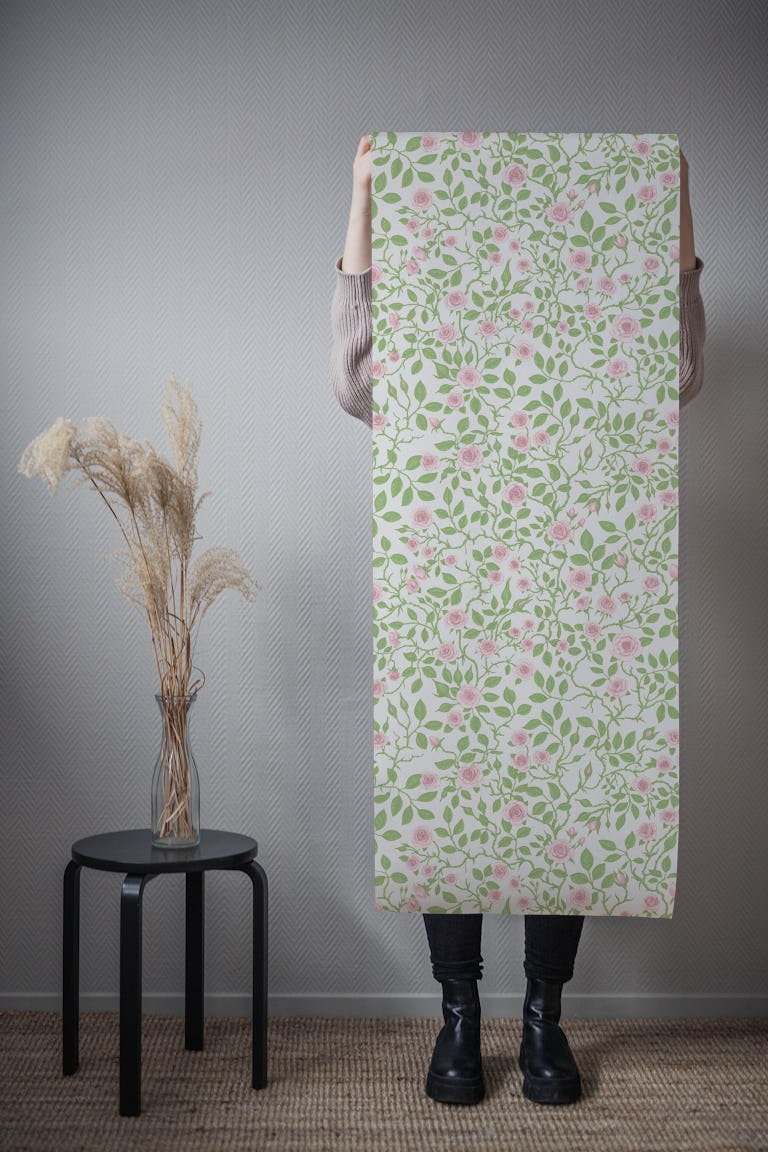 Wild roses in light pink and green wallpaper roll