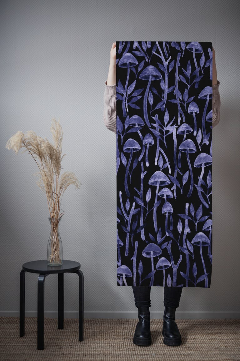 Moody Mushroom Forest in Indigo wallpaper roll