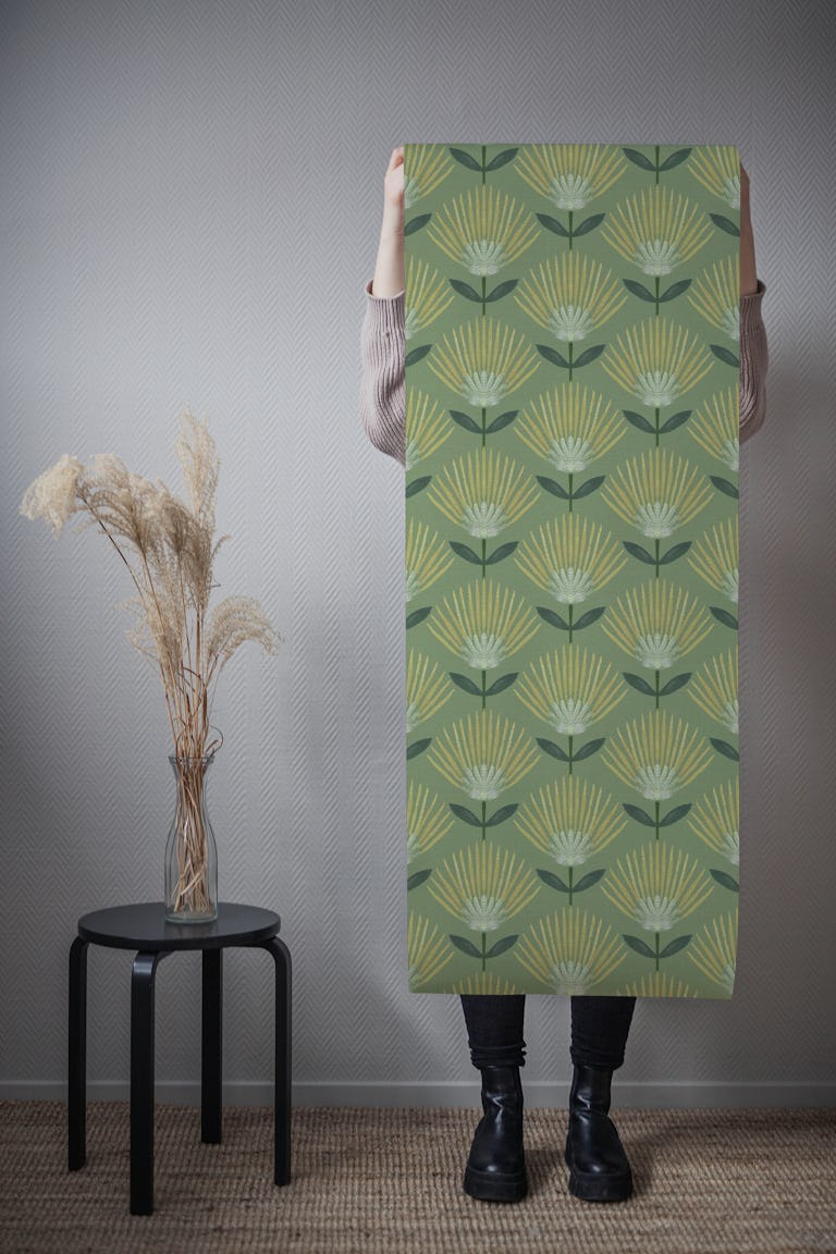 Art Deco Fan flowers Sage green wallpaper roll