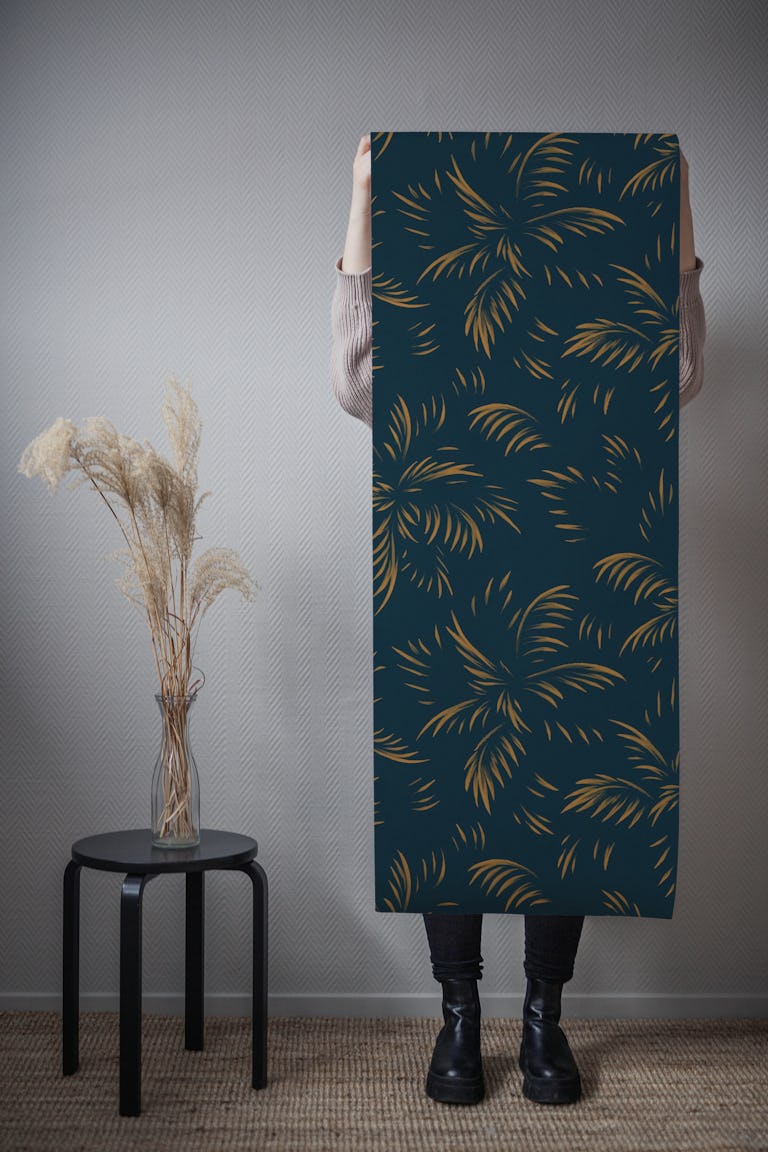 Palm Leaf Highlights - Navy Mustard wallpaper roll