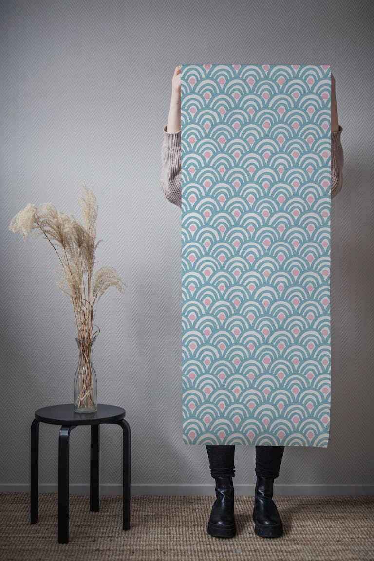 Coastal Arches Scallop Print - Blue and Pink wallpaper roll