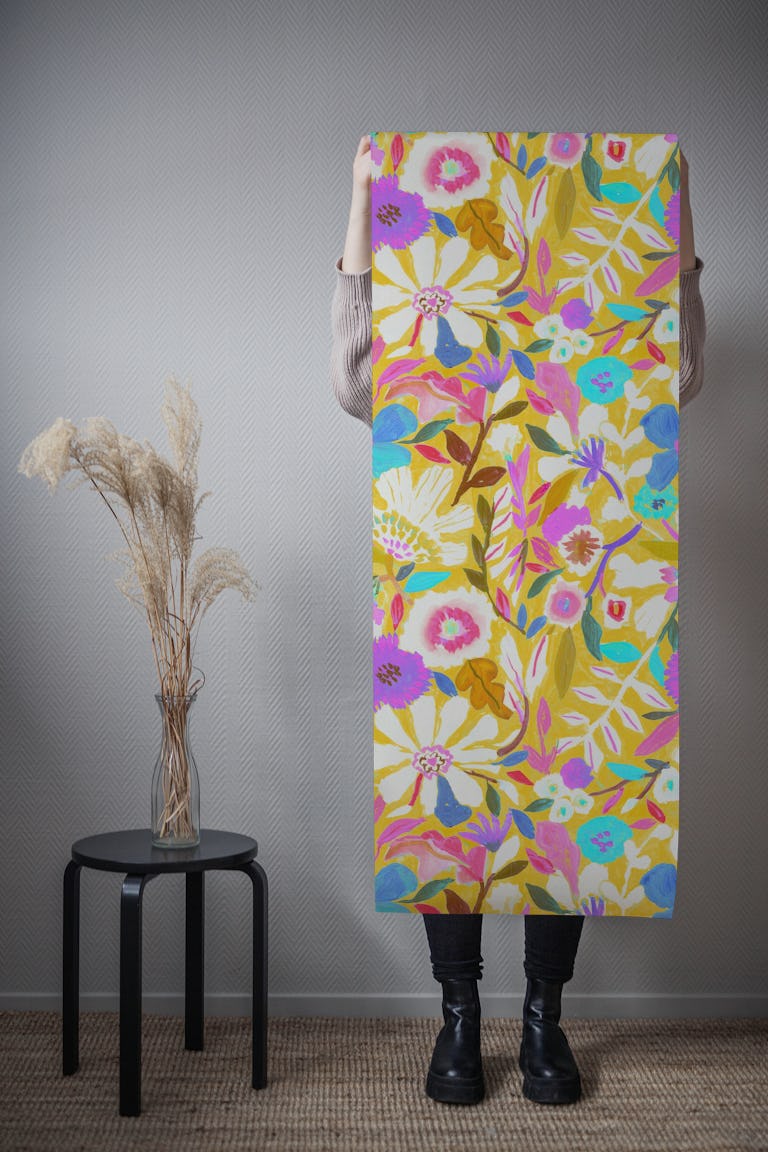 Abstract Garden Painterly bold Florals yellow wallpaper roll