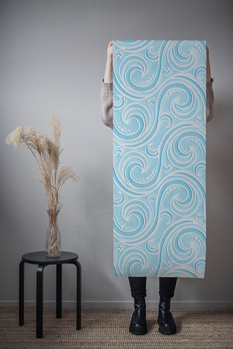 Mermaid Rococo Pale Blue Stylized Waves wallpaper roll