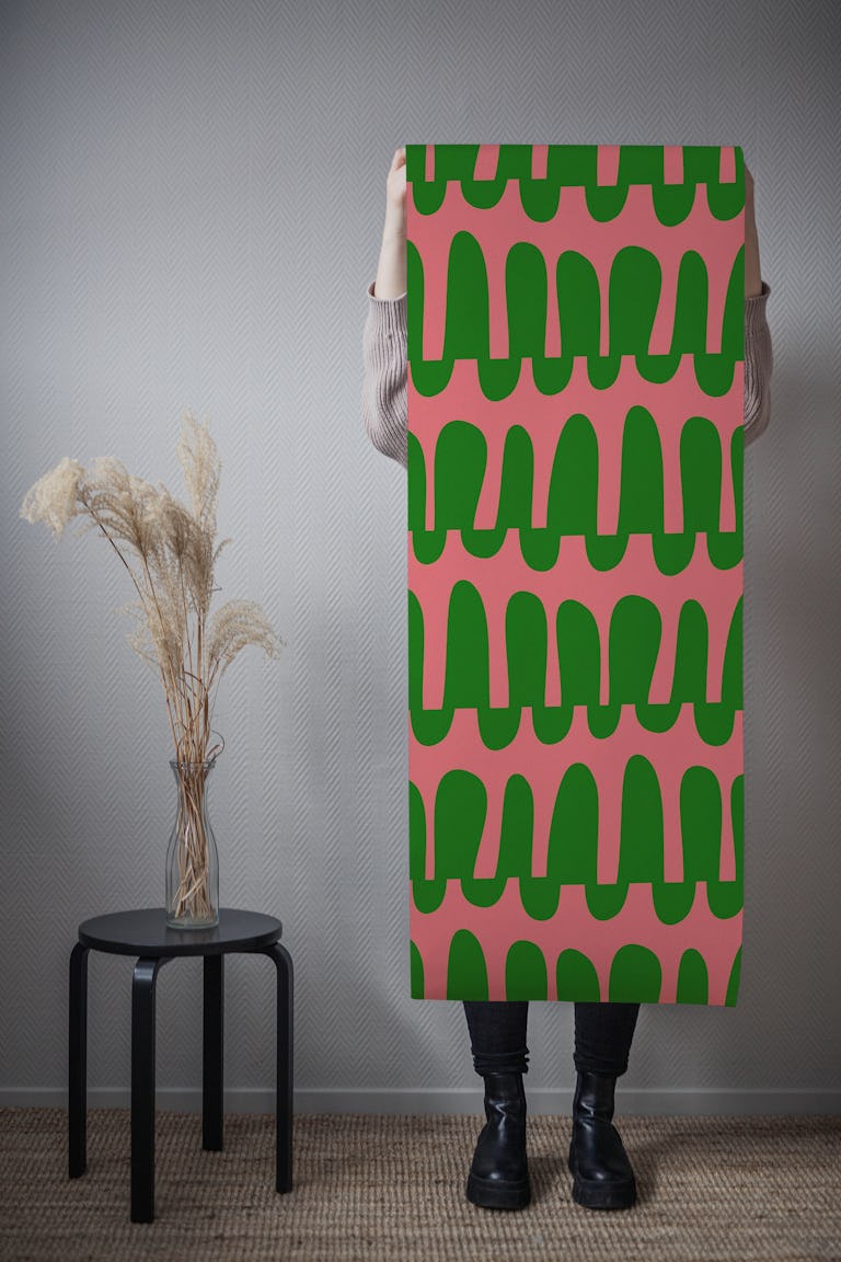 Wavy horizontal stripes pink green wallpaper roll