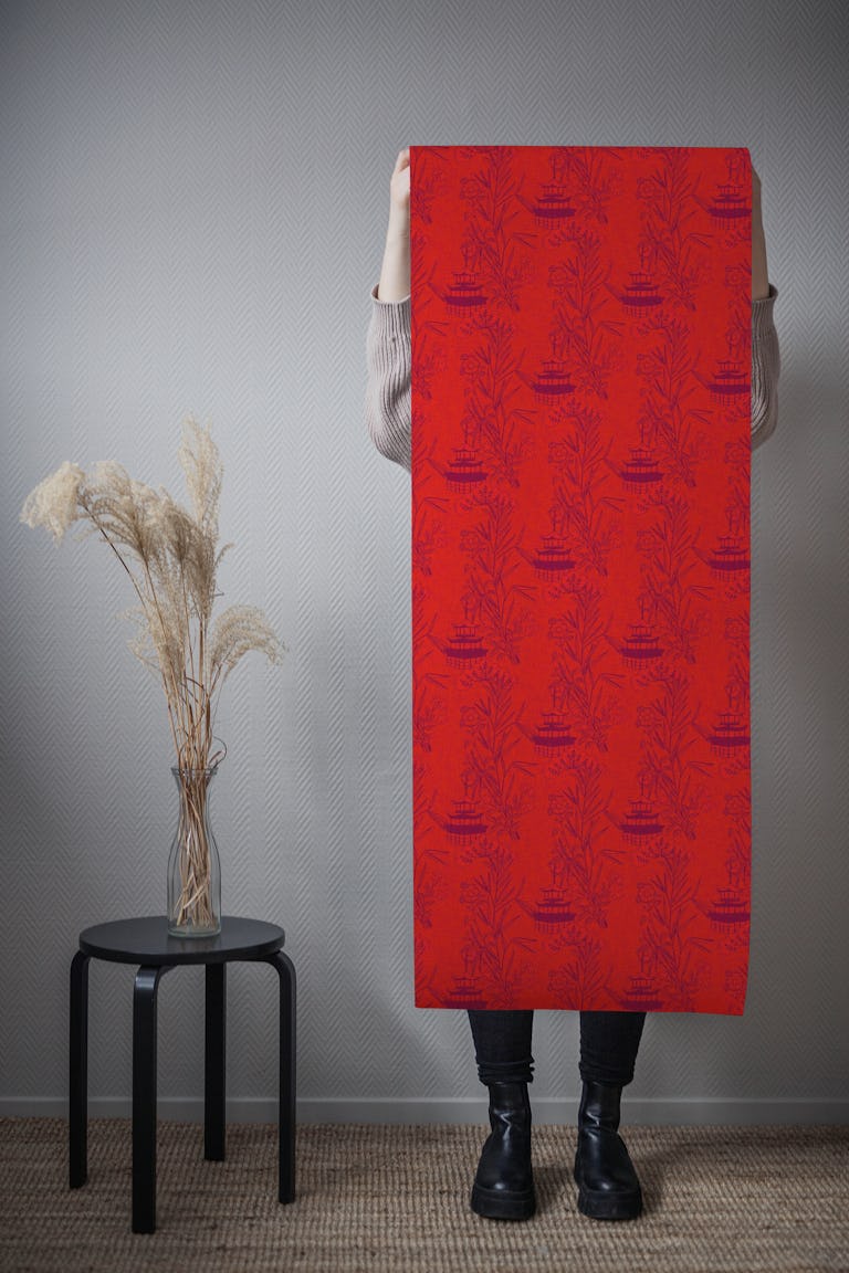 Red Asian Toile - Bamboo and Pagoda wallpaper roll