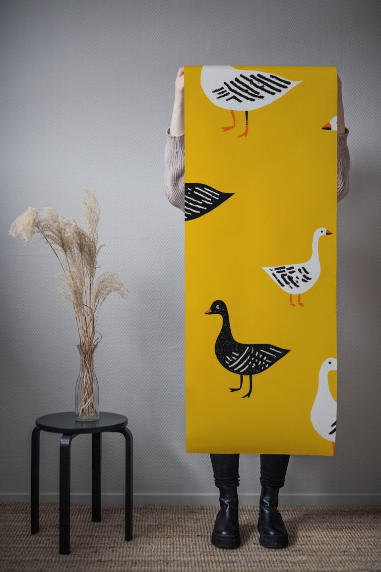 Ducks on Mustard Canvas wallpaper roll