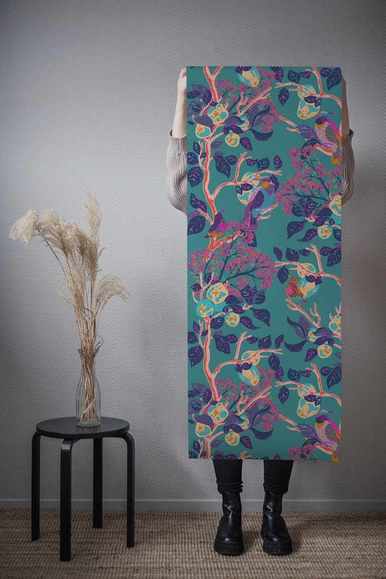 Woodpeckers Bright Against Teal wallpaper roll