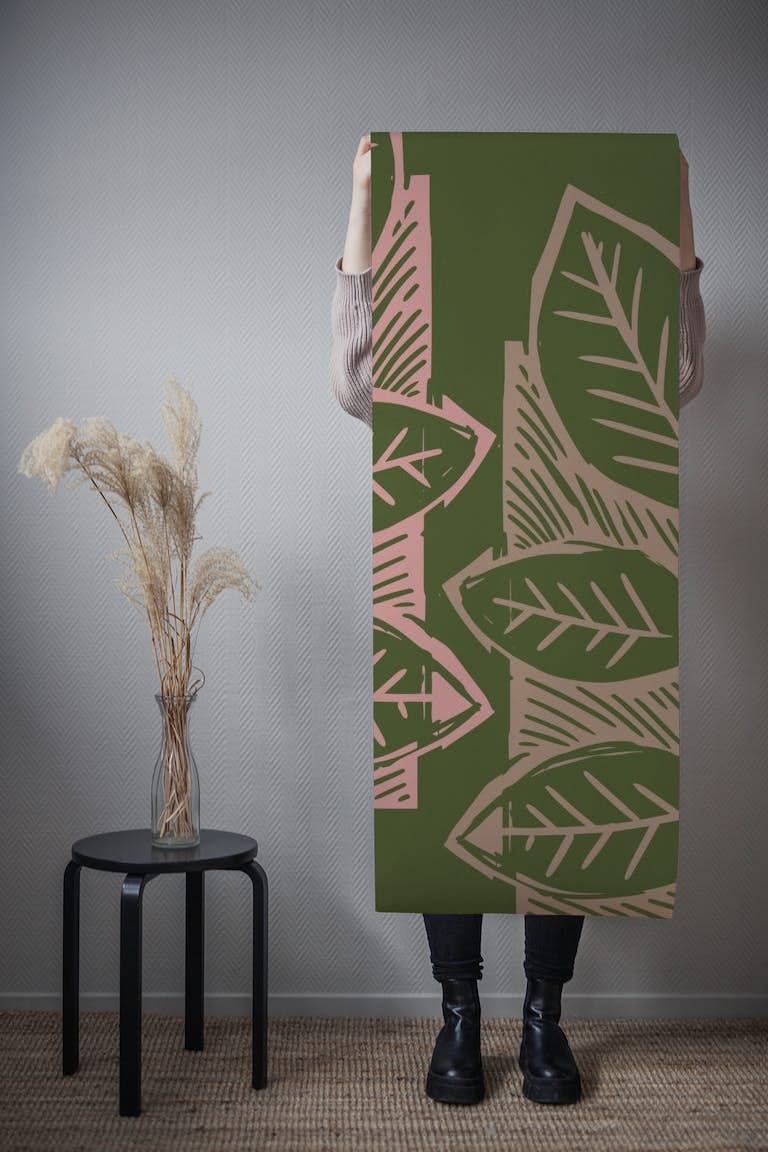 Wood Block Print Leaves Green behang roll