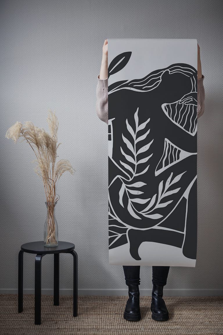 Leaf Art Woman Black Grey behang roll