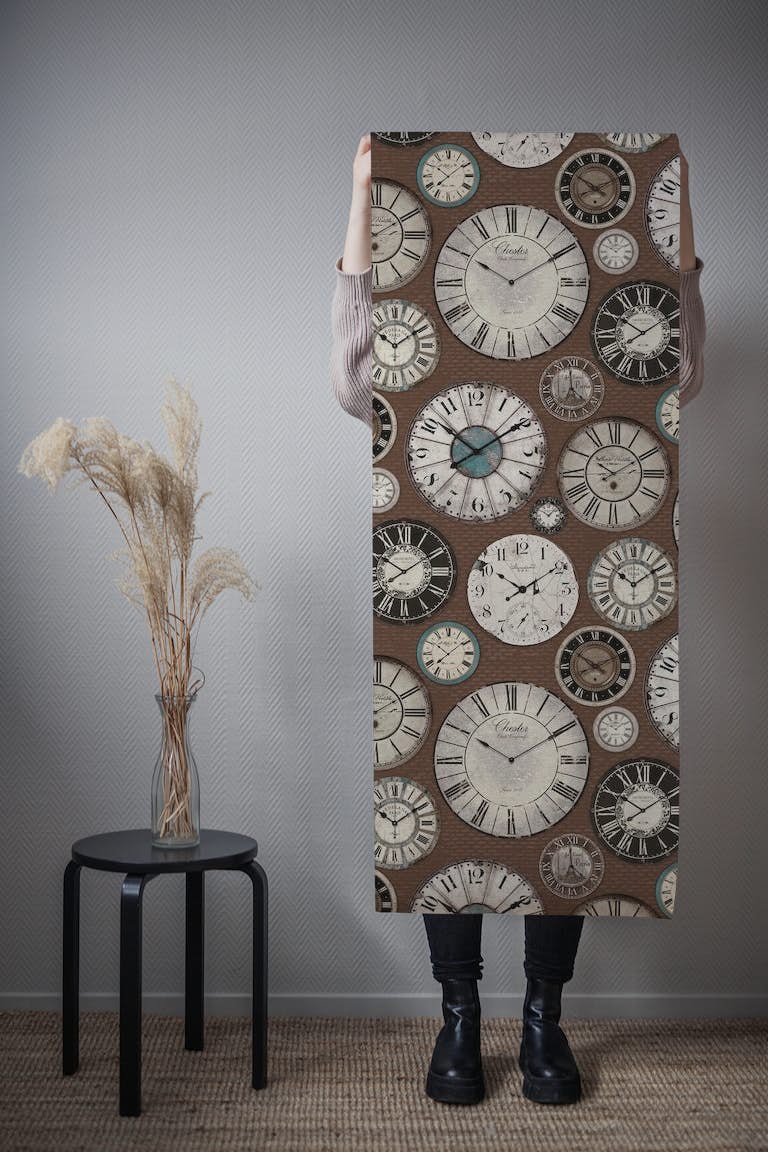 Vintage Clocks brown ivory tapete roll