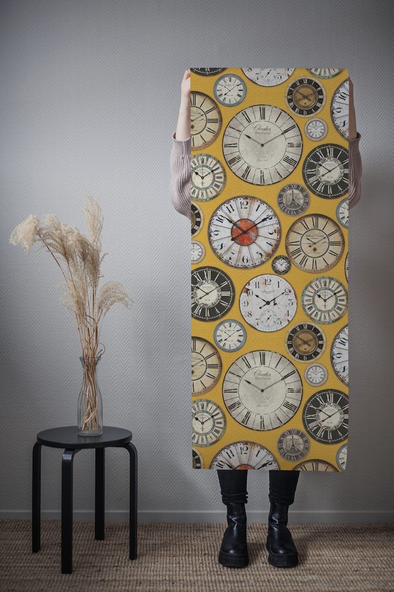 Vintage Clocks yellow papel pintado roll