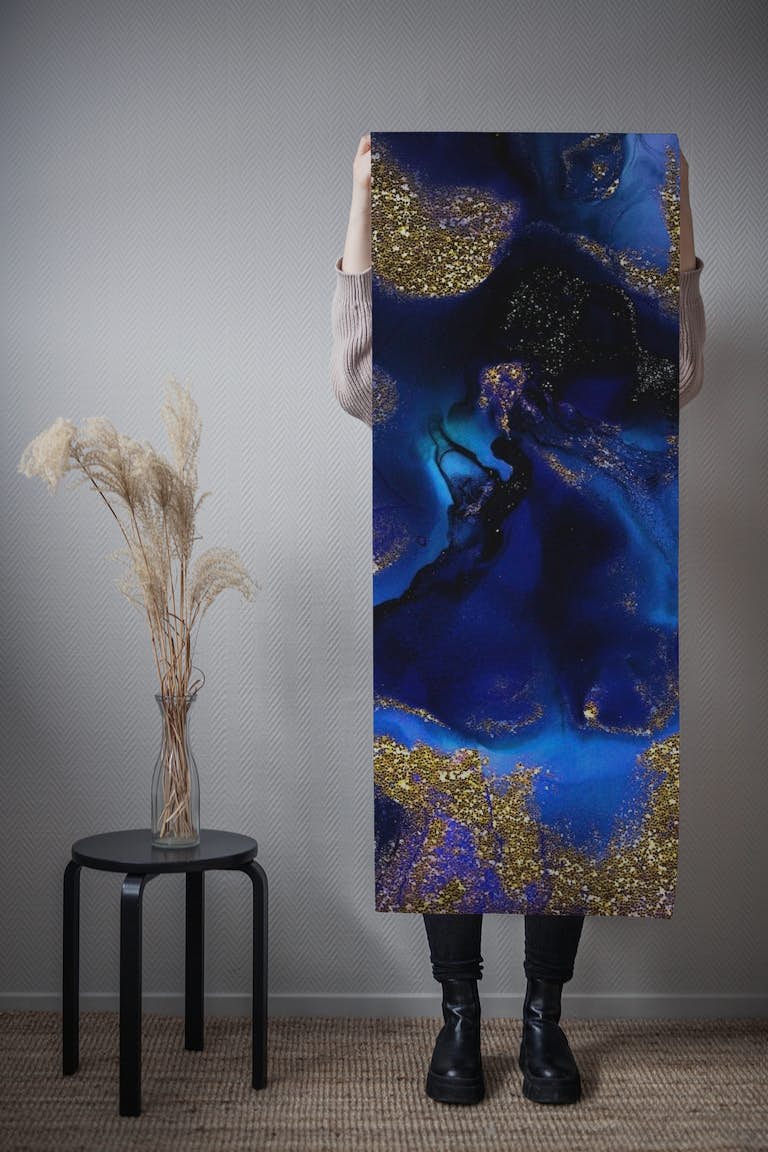 Indigo Blue Marble and Gold Glitter papel de parede roll