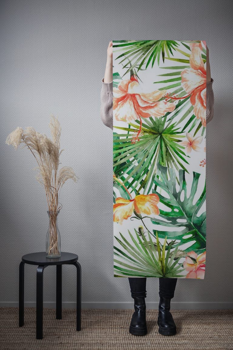 Hibiscus Flowers and Tropical Leaves tapeta roll