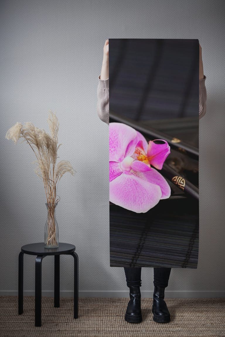 Pink Orchid Still Life On Black wallpaper roll