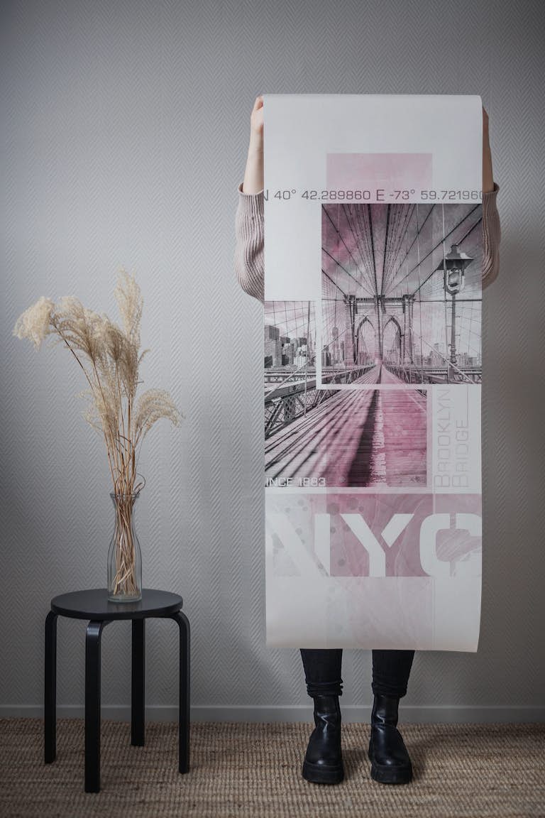 NYC Brooklyn Bridge pink wallpaper roll
