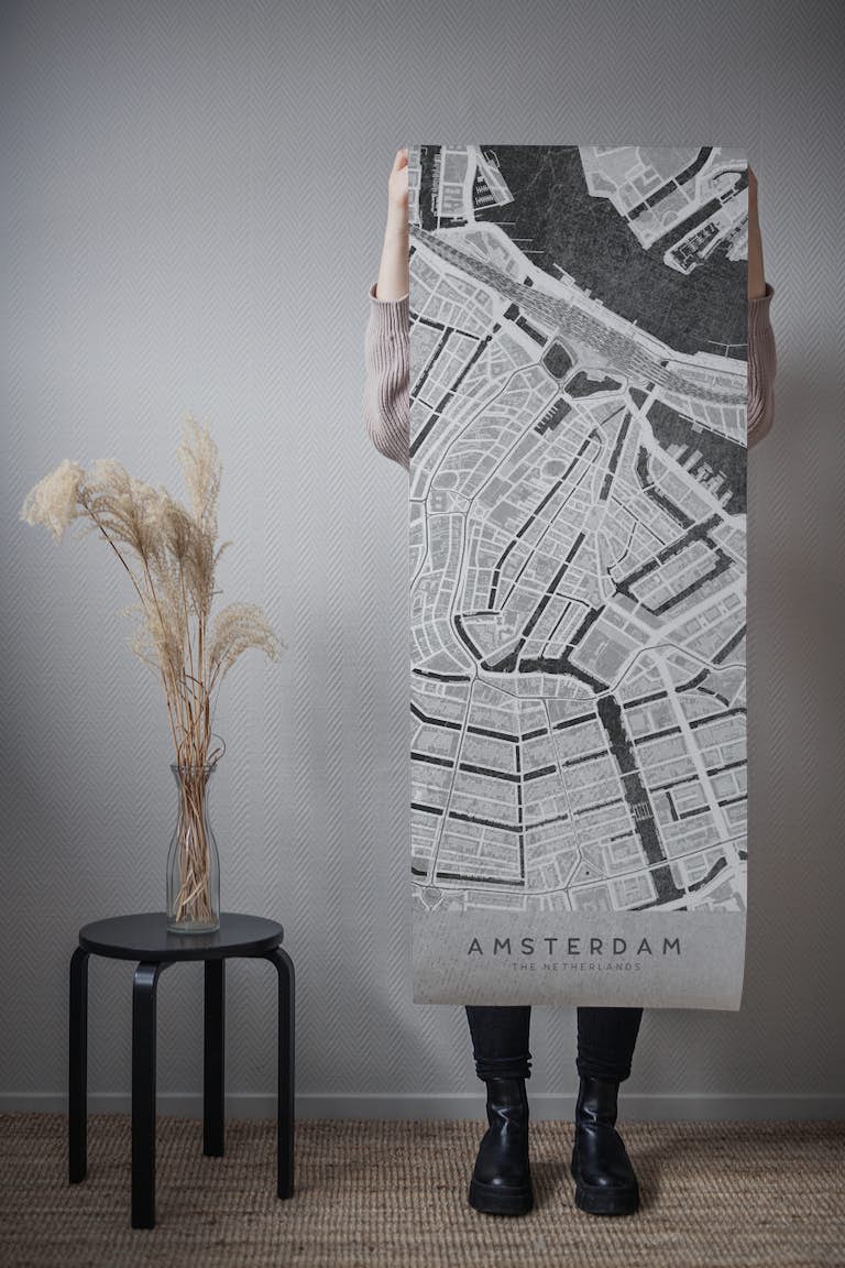 Gray vintage Amsterdam map wallpaper roll