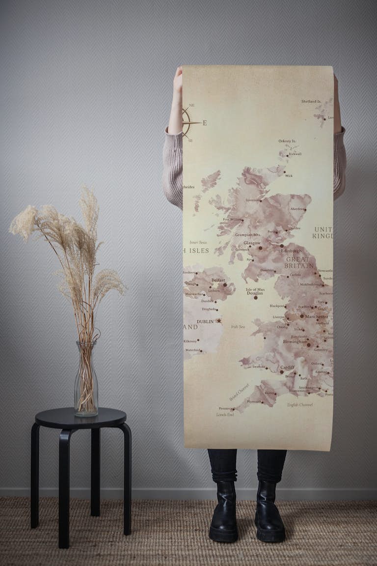 Brown vintage map of the UK tapetit roll